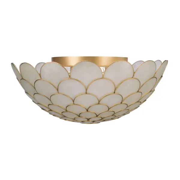 The Darby Semi Flush Mount showcases natural Capiz shell in a layered design that creates soft, shimmering light. Its 16" diameter and artisanal coastal aesthetic bring refined organic texture to bedrooms, living spaces, and kitchens. - alternate view