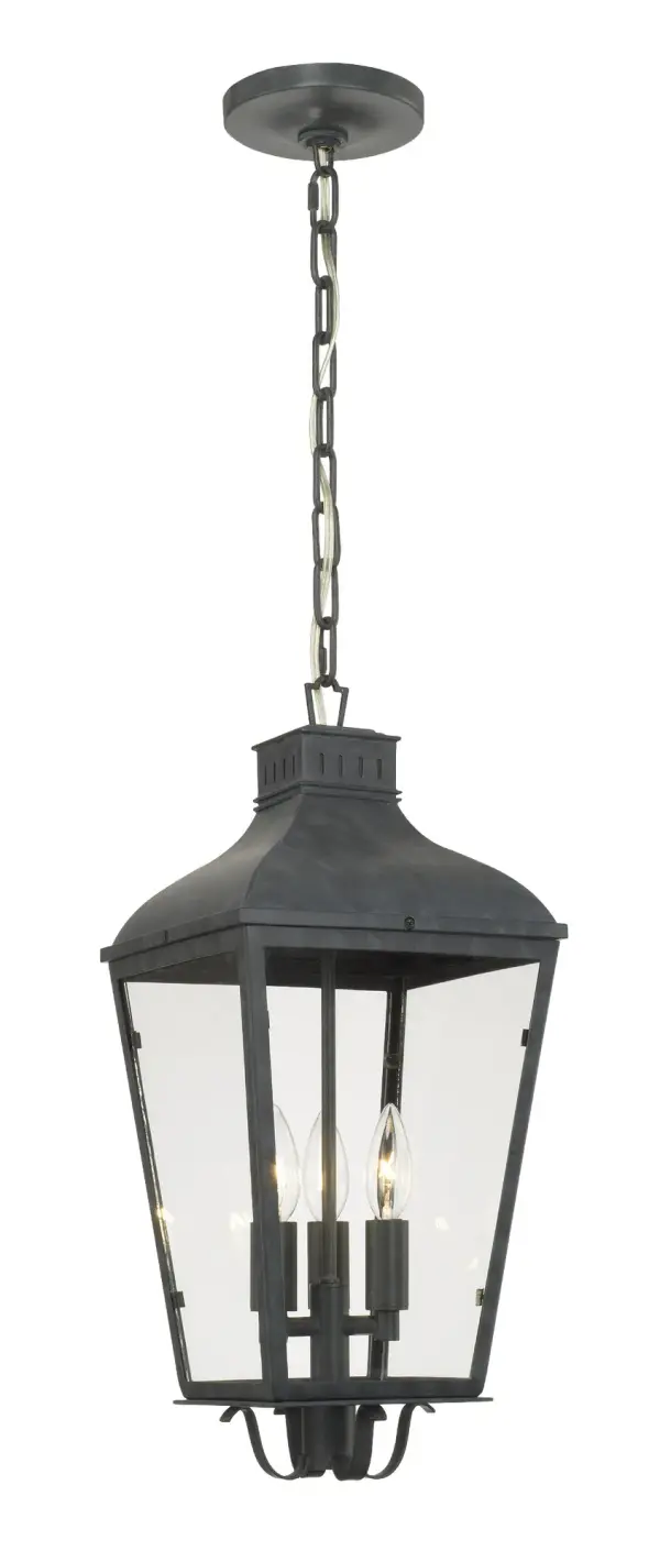 The Dumont outdoor pendant brings old-world elegance with its vintage street lantern styling. Featuring durable steel construction in graphite finish with clear glass panels, it's wet-rated for all weather conditions.