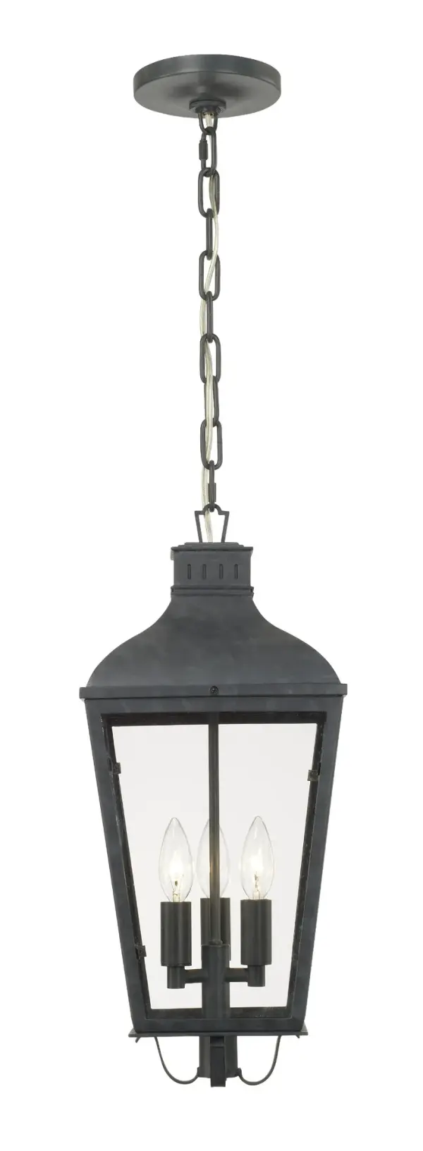 The Dumont outdoor pendant brings old-world elegance with its vintage street lantern styling. Featuring durable steel construction in graphite finish with clear glass panels, it's wet-rated for all weather conditions. - alternate view