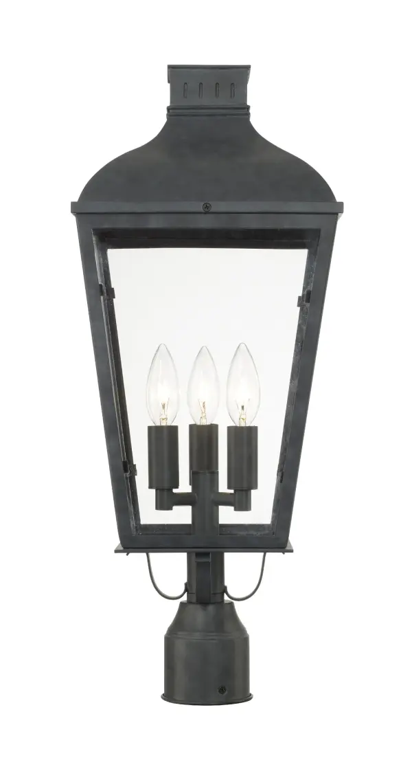 The Dumont outdoor post light brings vintage charm with its classic street lantern silhouette. Featuring durable steel construction in a sophisticated graphite finish and clear glass panels, it delivers old-world elegance. - alternate view