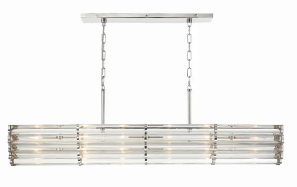 The Elliot collection by Libby Langdon combines chunky Lucite rods with polished nickel framework for a sophisticated, masculine aesthetic. Light filters beautifully through the acrylic elements, creating ambient glow while the scalloped metalwork adds architectural interest from every angle.