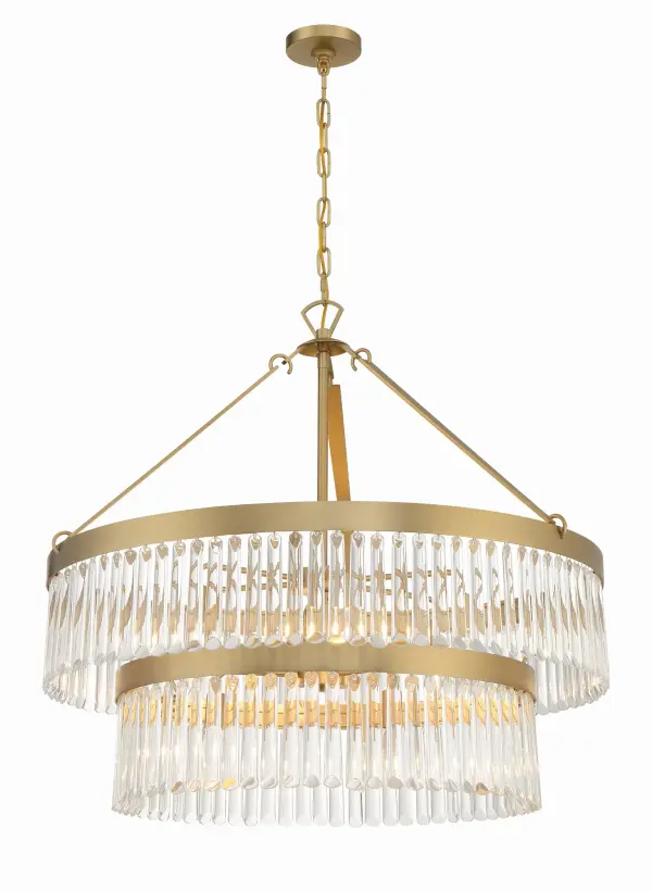 The Emory 32" Chandelier brings authentic Art Deco glamour with its row of smooth glass prisms suspended from a sleek steel frame. The Black Forged finish adds dramatic sophistication while the crystal elements provide sparkle.