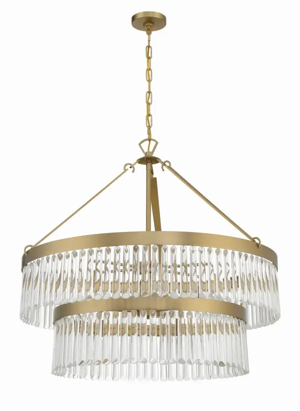 The Emory 32" Chandelier brings authentic Art Deco glamour with its row of smooth glass prisms suspended from a sleek steel frame. The Black Forged finish adds dramatic sophistication while the crystal elements provide sparkle. - alternate view