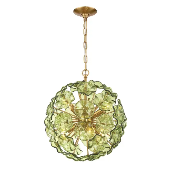The Esme chandelier reimagines the iconic Sputnik design with hand-blown blue glass petals that create a stunning visual transformation from day to night. Its compact 18.25" size makes it perfect for intimate spaces.