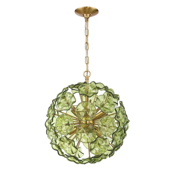 The Esme chandelier reimagines the iconic Sputnik design with hand-blown blue glass petals that create a stunning visual transformation from day to night. Its compact 18.25" size makes it perfect for intimate spaces. - alternate view