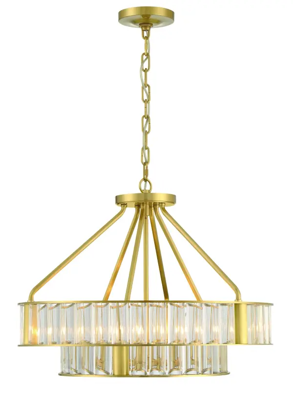 The Farris chandelier combines thick solid glass rods with a sleek brushed brass frame in a sophisticated two-tier design. Its substantial yet refined presence offers visual interest from every angle, making it perfect for transitional spaces.