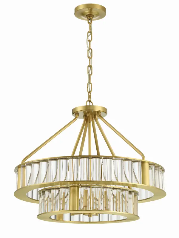 The Farris chandelier combines thick solid glass rods with a sleek brushed brass frame in a sophisticated two-tier design. Its substantial yet refined presence offers visual interest from every angle, making it perfect for transitional spaces. - alternate view