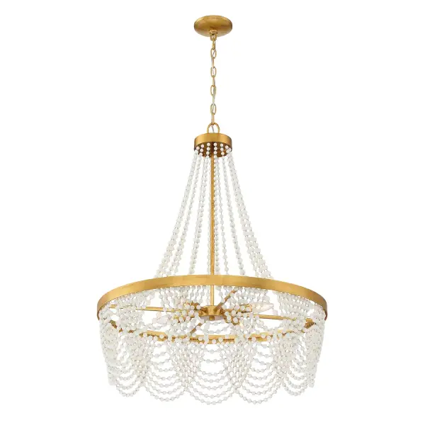 The Fiona chandelier combines traditional empire silhouette with modern bohemian flair through cascading glass beads and antique gold finish. Its 27-inch width makes it versatile for dining rooms, bedrooms, and entryways. - alternate view
