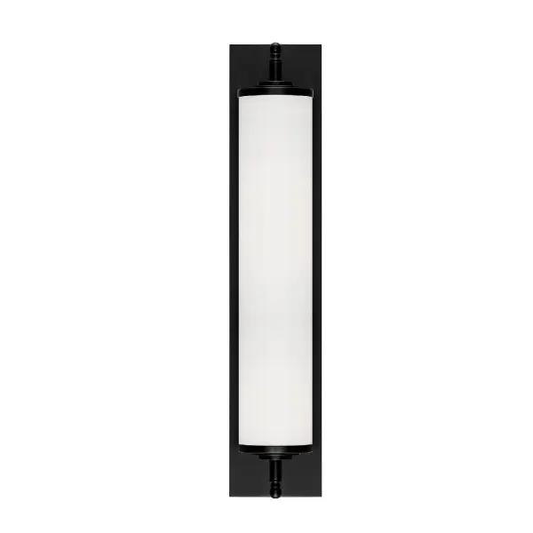 The Foster vanity light combines minimalist design with practical functionality. Its polished chrome backplate and white glass cylinder create a clean, modern look that complements any bathroom style. LED bulb included for energy efficiency. - alternate view