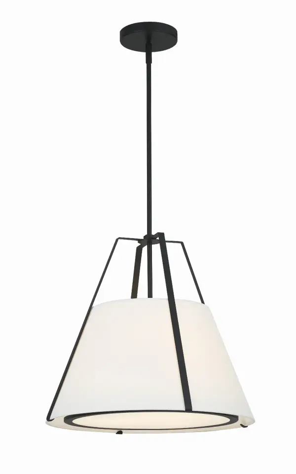 The Fulton 20" Pendant combines classic farmhouse charm with contemporary sophistication. Its double white fabric shade with metal ring detail and glass diffuser creates soft, diffused lighting perfect for casual or transitional spaces.