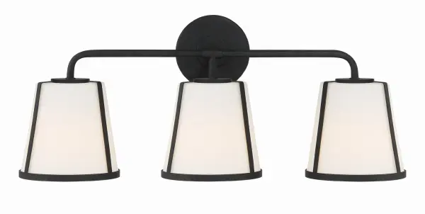The Fulton vanity light combines tailored metal rings with tapered glass shades for a sophisticated bathroom lighting solution. Its 23.25" width provides ample illumination while the contrasting materials create visual interest.
