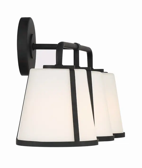 The Fulton vanity light combines tailored metal rings with tapered glass shades for a sophisticated bathroom lighting solution. Its 23.25" width provides ample illumination while the contrasting materials create visual interest. - alternate view