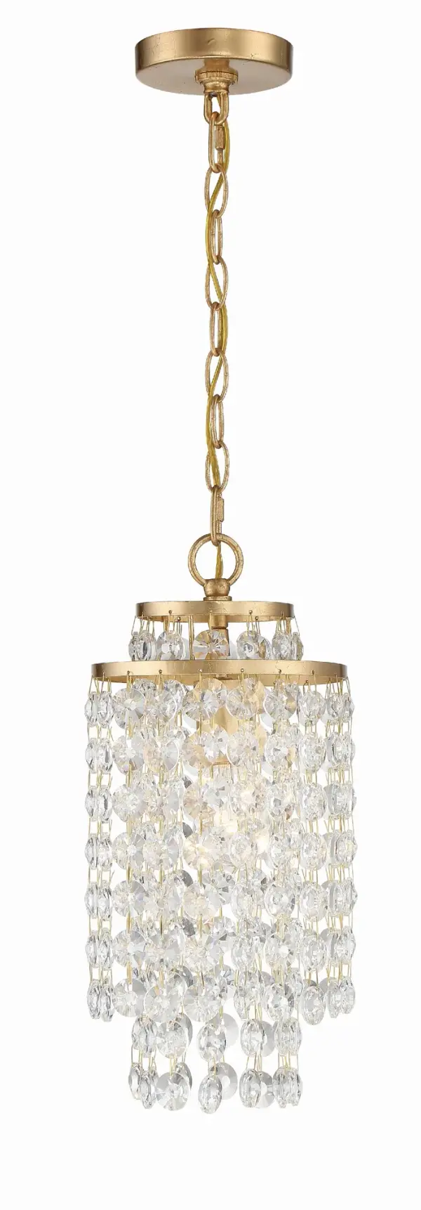 The Gabrielle 7" chandelier brings sophisticated glamour to smaller spaces with cascading hand-cut crystal strands and a delicate wrought iron frame in antique gold. Ideal for powder rooms, closets, and cozy nooks.