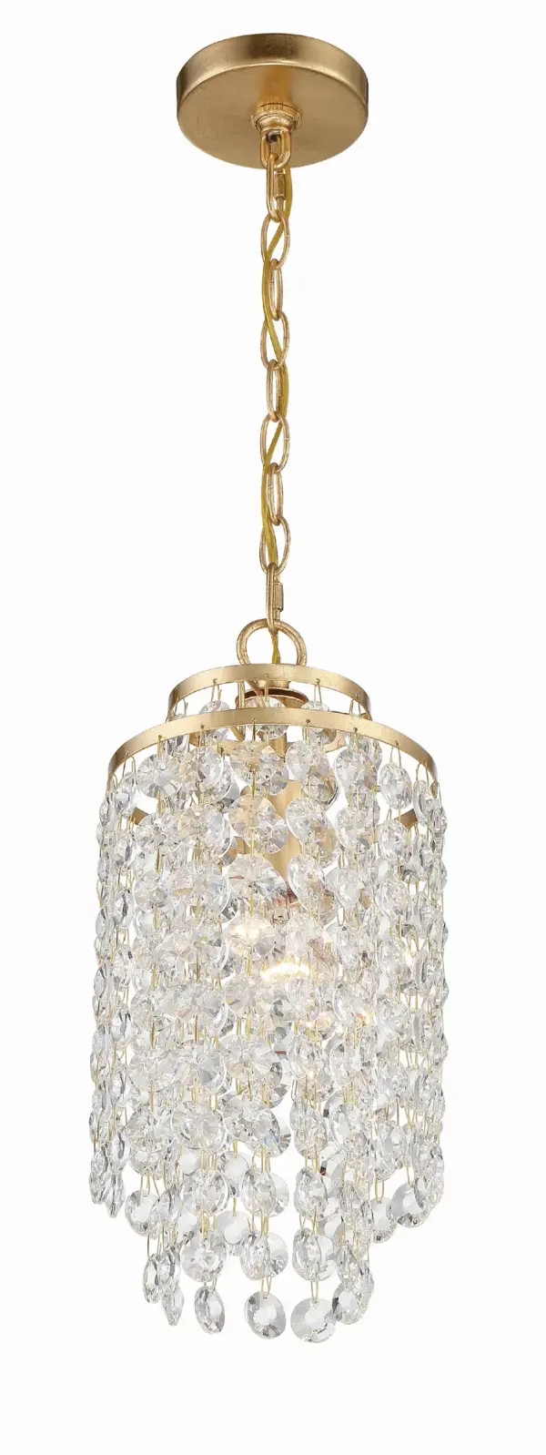 The Gabrielle 7" chandelier brings sophisticated glamour to smaller spaces with cascading hand-cut crystal strands and a delicate wrought iron frame in antique gold. Ideal for powder rooms, closets, and cozy nooks. - alternate view