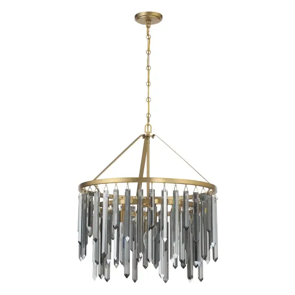 The Gemma 24" Chandelier delivers dramatic elegance through cascading silver shadow crystal prisms that capture and reflect light beautifully. Its modern gold finish adds warmth while maintaining contemporary sophistication. - alternate view