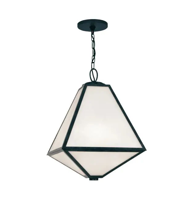 The Glacier Outdoor Pendant brings designer Brian Patrick Flynn's Antarctic-inspired vision to life with angular, chiseled lines and a distinctive silhouette. Perfect for covered outdoor spaces, this wet-rated fixture pairs black charcoal metal with white opal glass for striking contrast.