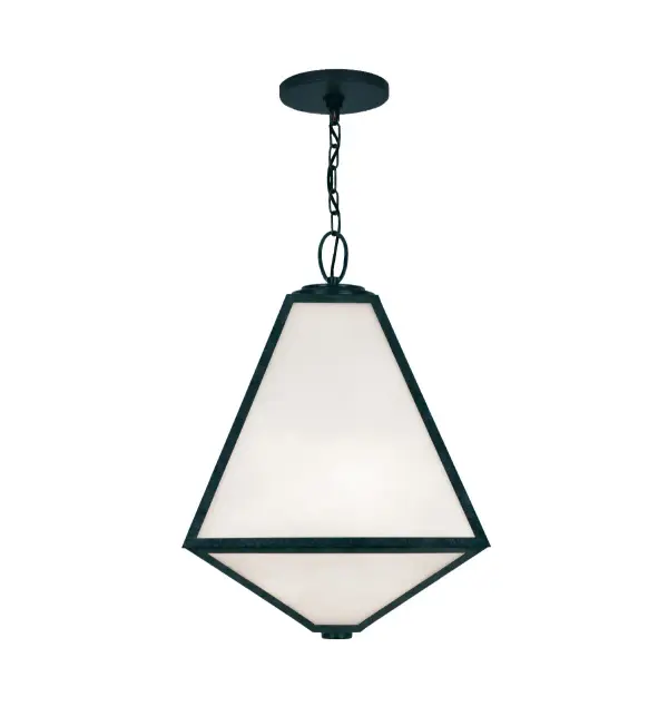 The Glacier Outdoor Pendant brings designer Brian Patrick Flynn's Antarctic-inspired vision to life with angular, chiseled lines and a distinctive silhouette. Perfect for covered outdoor spaces, this wet-rated fixture pairs black charcoal metal with white opal glass for striking contrast. - alternate view