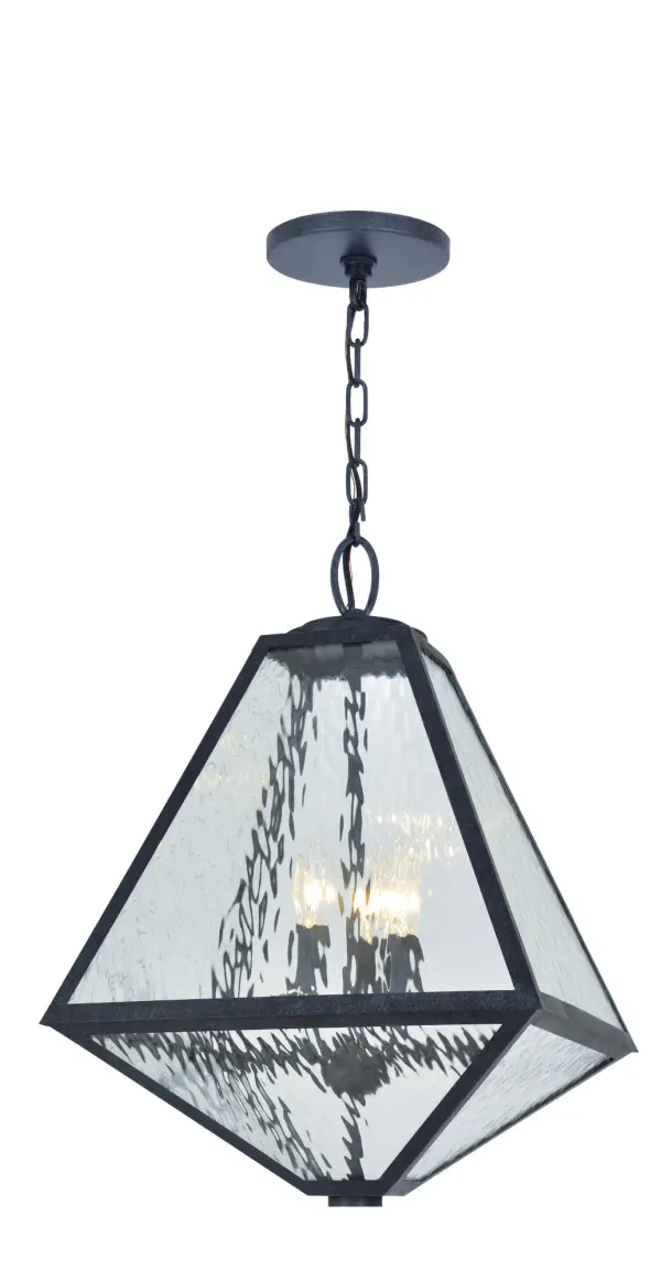 The Glacier Outdoor Pendant brings architectural drama to exterior spaces with its distinctive iceberg-inspired silhouette. Featuring angular chiseled lines, black charcoal finish, and white opal glass panels, this 14" fixture delivers sculptural modernist style with wet-rated durability for any outdoor application.