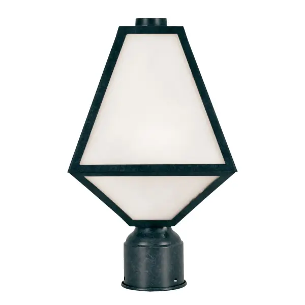 The Glacier Outdoor Post Light brings architectural drama to exterior spaces with its unique iceberg-inspired silhouette. Featuring angular lines and a distinctive tapered design, this 8-inch fixture pairs black charcoal finish with white opal glass for striking contrast. - alternate view