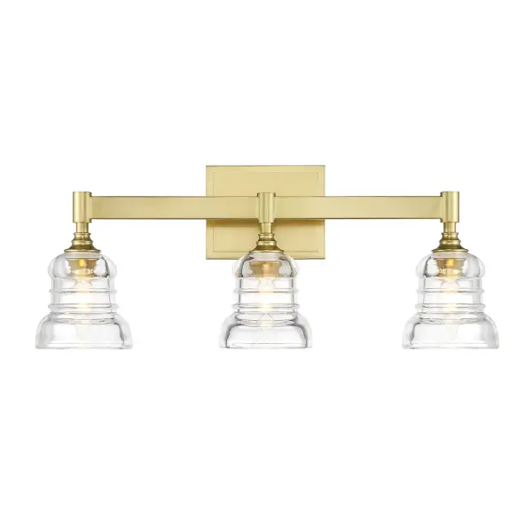 The Gregory vanity light combines retro aesthetics with contemporary design through clear ribbed glass shades and exposed bulbs. Its 23.75" width makes it ideal for medium-sized vanities, while the aged brass finish adds warmth and sophistication.