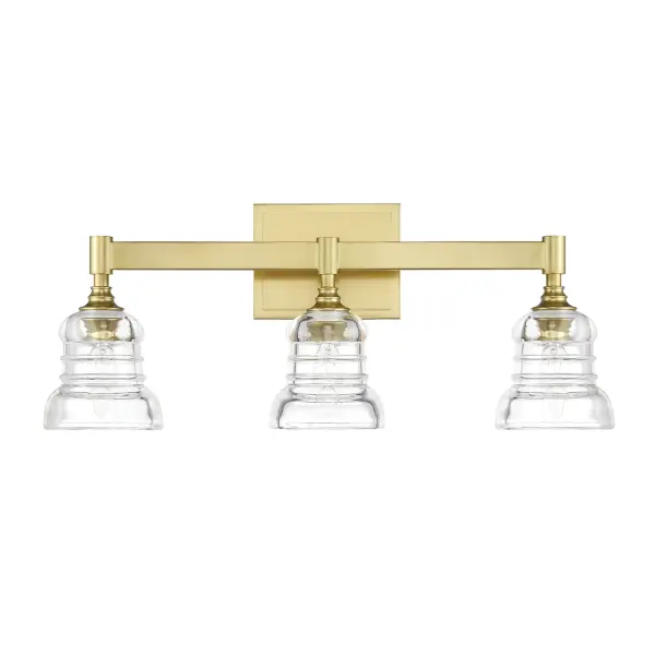 The Gregory vanity light combines retro aesthetics with contemporary design through clear ribbed glass shades and exposed bulbs. Its 23.75" width makes it ideal for medium-sized vanities, while the aged brass finish adds warmth and sophistication. - alternate view