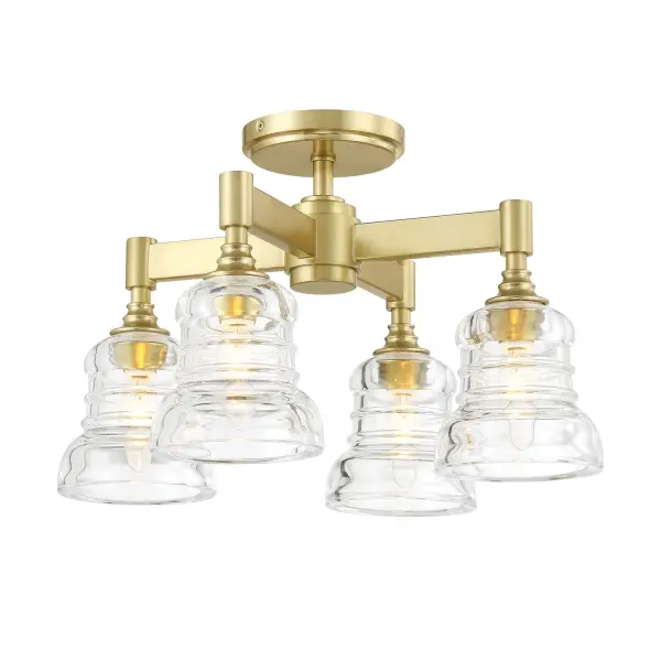 The Gregory semi-flush mount combines retro-inspired ribbed glass with exposed bulbs and aged brass finish for timeless appeal. Its 17.25" width makes it ideal for smaller spaces needing character without overwhelming the room.