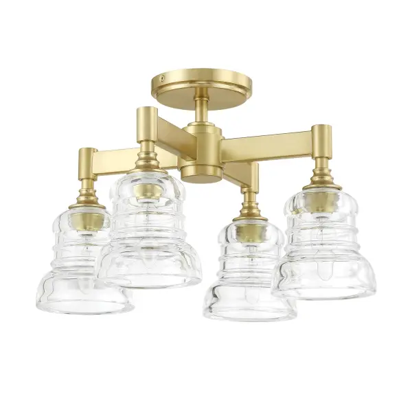 The Gregory semi-flush mount combines retro-inspired ribbed glass with exposed bulbs and aged brass finish for timeless appeal. Its 17.25" width makes it ideal for smaller spaces needing character without overwhelming the room. - alternate view