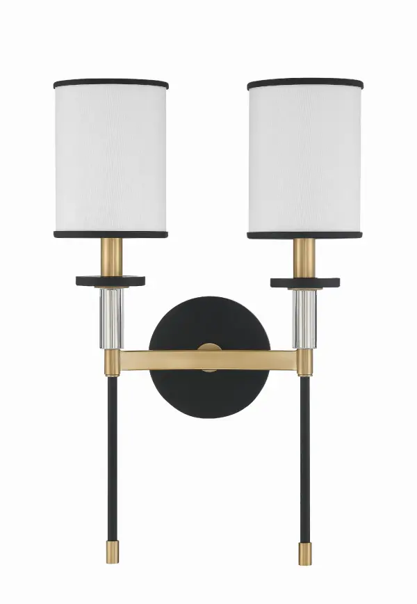 The Hatfield 12" Sconce combines classic angular lines with crystal accents and crisp white shades, creating a luxurious yet understated statement. Perfect for bathrooms and bedrooms, this versatile fixture brings timeless drama. - alternate view