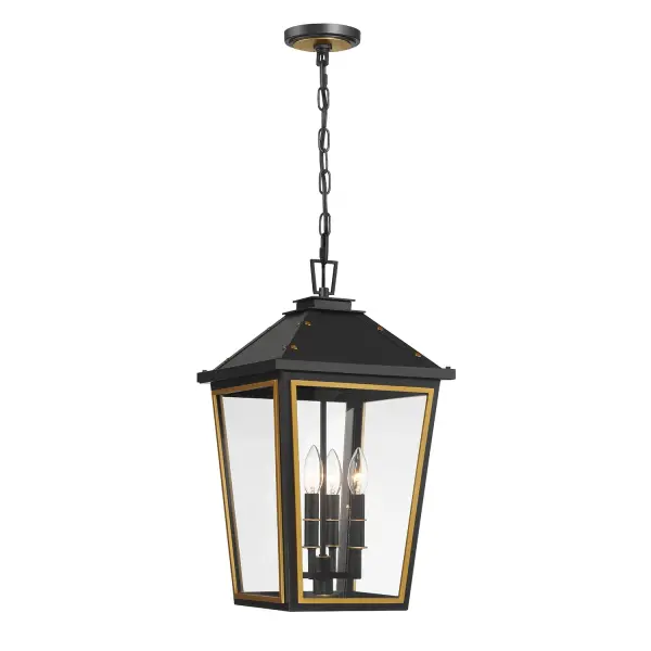 The Hawkins 12" Outdoor Pendant combines timeless farmhouse aesthetics with contemporary sophistication. Its two-tone finish, clear glass panels, and gold rivet accents create an inviting ambiance for covered outdoor spaces.