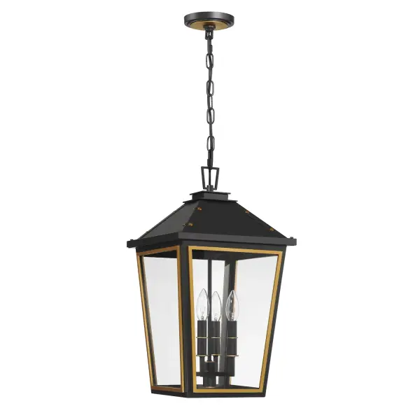 The Hawkins 12" Outdoor Pendant combines timeless farmhouse aesthetics with contemporary sophistication. Its two-tone finish, clear glass panels, and gold rivet accents create an inviting ambiance for covered outdoor spaces. - alternate view
