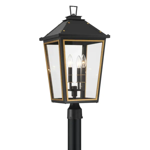 The Hawkins outdoor post light blends traditional elegance with modern sophistication through its two-tone finish, clear glass panels, and gold rivet accents. Perfect for creating an inviting outdoor entrance.