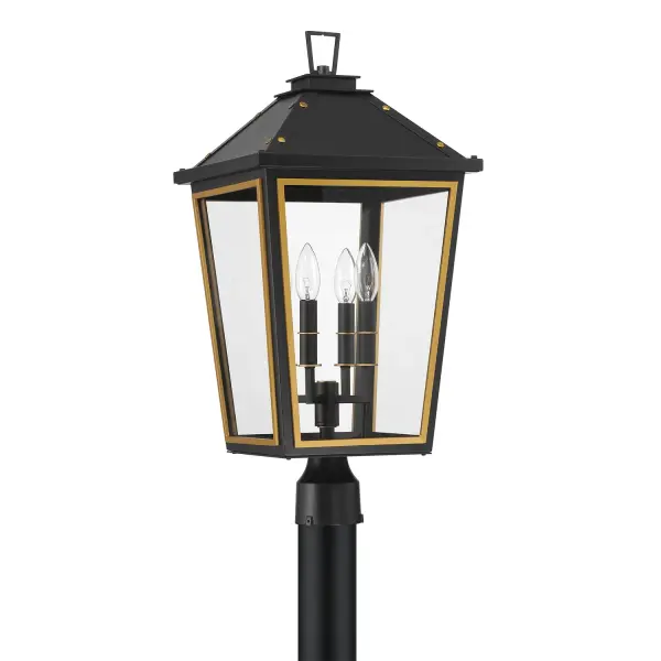 The Hawkins outdoor post light blends traditional elegance with modern sophistication through its two-tone finish, clear glass panels, and gold rivet accents. Perfect for creating an inviting outdoor entrance. - alternate view