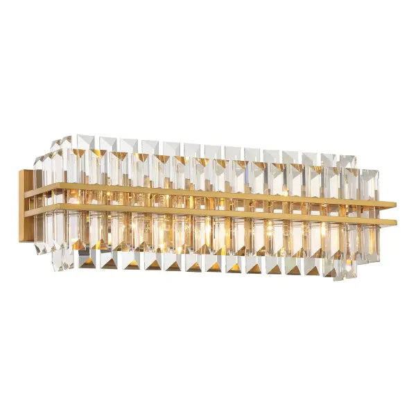 The Hayes vanity light combines tiered hand-cut crystals with a sleek aged brass frame to create a sophisticated focal point. At 23.5" wide, it's perfectly sized for standard vanities while delivering captivating sparkle and refined style.
