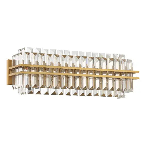 The Hayes vanity light combines tiered hand-cut crystals with a sleek aged brass frame to create a sophisticated focal point. At 23.5" wide, it's perfectly sized for standard vanities while delivering captivating sparkle and refined style. - alternate view