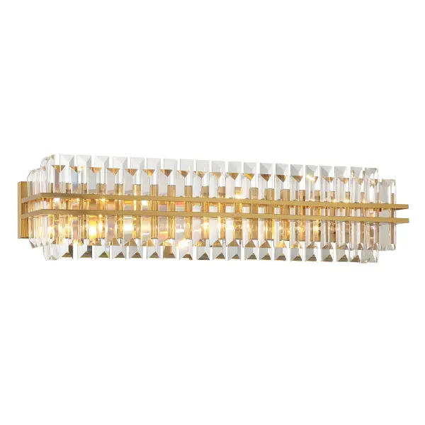 The Hayes collection transforms bathroom lighting with tiered hand-cut crystals elegantly suspended in a sleek steel frame. At 31.5" wide, this statement piece delivers sophisticated glamour and ample illumination.
