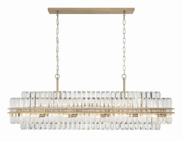 The Hayes 50" Linear Chandelier is a show-stopping masterpiece featuring hand-cut crystals arranged in elegant tiers within a sleek steel frame. Its sophisticated design and substantial 50-inch length make it perfect for large dining tables and kitchen islands. - alternate view