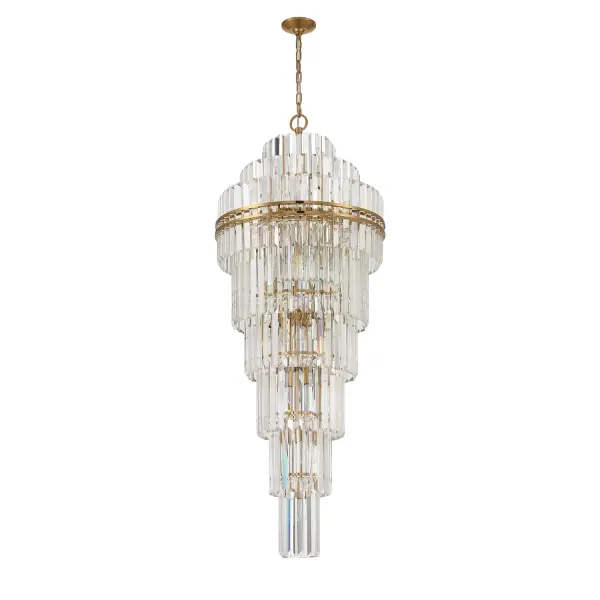 The Hayes chandelier combines hand-cut crystal tiers with a sleek Aged Brass steel frame, creating a sophisticated focal point. Its 24-inch diameter offers substantial presence without overwhelming medium-sized spaces. - alternate view