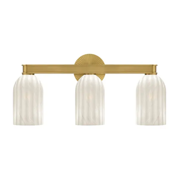 The Lotus vanity light combines textured ribbed glass with a refined Luxe Gold finish, creating sophisticated light refraction perfect for transitional and contemporary bathrooms. Its 22.75" width suits standard vanities.