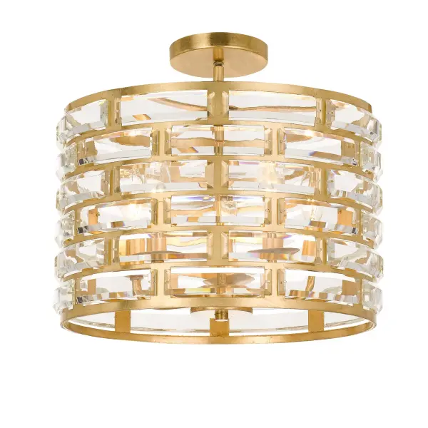 Rich hand cut crystal meets clean golden lines resulting in vibrant style for any home. Candelabra lights shine through the open drum design of the Meridian. The rhythmic frame features rich curved hand cut crystal jewels arranged on a contemporary frame. This statement piece is perfect to add grandeur to a dining room, hallway or bedroom.
