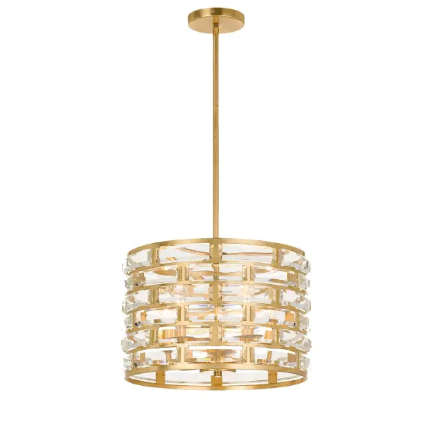Rich hand cut crystal meets clean golden lines resulting in vibrant style for any home. Candelabra lights shine through the open drum design of the Meridian. The rhythmic frame features rich curved hand cut crystal jewels arranged on a contemporary frame. This statement piece is perfect to add grandeur to a dining room, hallway or bedroom. - alternate view
