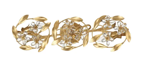 The Marselle vanity light combines hand-cut crystal jewels with wrought iron leaves in a playful, nature-inspired design. Its 26-inch width makes it ideal for medium-sized vanities, while the Antique Gold finish adds warmth and sophistication to bathroom spaces. - alternate view