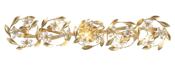 The Marselle 42" vanity light combines hand-cut crystal jewels with wrought iron leaves in a playful, nature-inspired design. Perfect for adding opulence to bathrooms with its intricate floral details and sophisticated Antique Gold finish.
