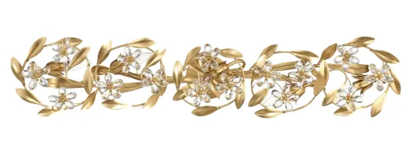 The Marselle 42" vanity light combines hand-cut crystal jewels with wrought iron leaves in a playful, nature-inspired design. Perfect for adding opulence to bathrooms with its intricate floral details and sophisticated Antique Gold finish. - alternate view