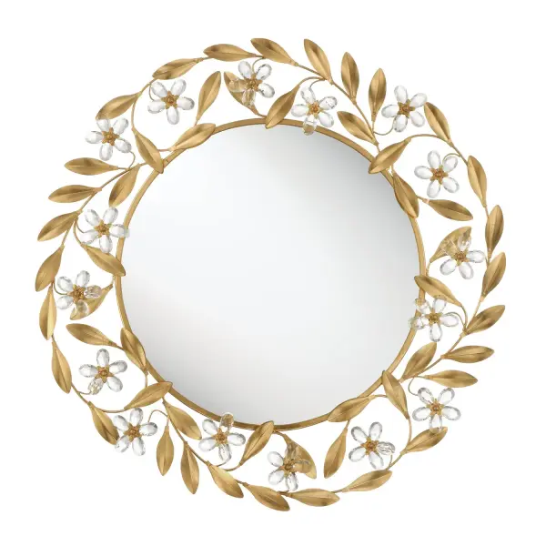 The Marselle 30" Mirror combines hand-cut crystal jewels with wrought iron leaves in a playful, nature-inspired design. Its antique gold finish and intricate floral details create a luxurious focal point that adds opulence and whimsy to any space.
