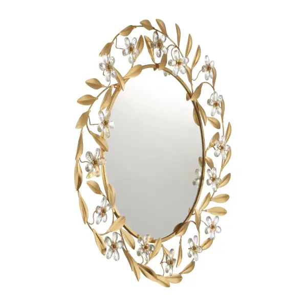 The Marselle 30" Mirror combines hand-cut crystal jewels with wrought iron leaves in a playful, nature-inspired design. Its antique gold finish and intricate floral details create a luxurious focal point that adds opulence and whimsy to any space. - alternate view