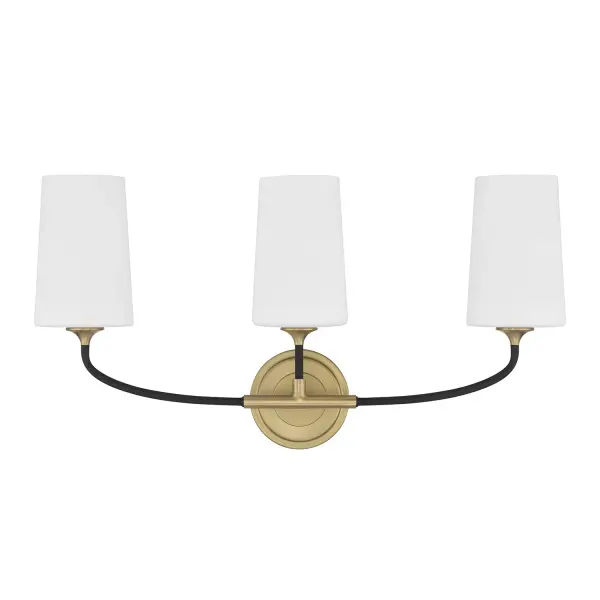 The Niles vanity light blends contemporary and industrial design with graceful upward-lifting arms and tapered white glass shades. Black forged metal frame with modern gold accents creates versatile appeal for various decor styles. - alternate view