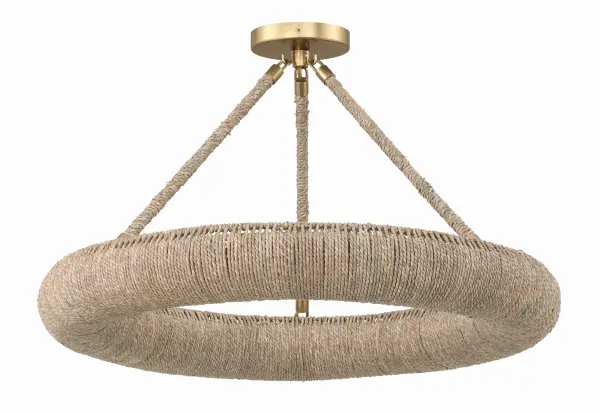 The Oakley semi flush mount combines handcrafted natural Lake Grass with modern LED efficiency. Its open-top design creates ambient upward lighting while casting a soft filtered glow, perfect for spaces seeking organic warmth with contemporary function. - alternate view