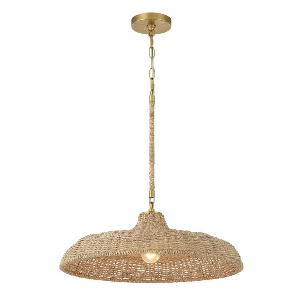 The Odessa pendant brings organic warmth to any space with its skillfully woven lake grass shade and refined gold-accented stem. This 20.5-inch fixture combines natural textures with sophisticated metalwork, creating a versatile piece that works beautifully in coastal, farmhouse, and modern organic interiors.