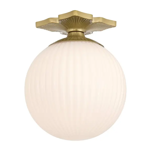 The Orly Semi Flush Mount combines ribbed glass texture with polished nickel detailing for a refined mid-century aesthetic. Its 10-inch profile provides soft, diffused lighting ideal for intimate spaces.