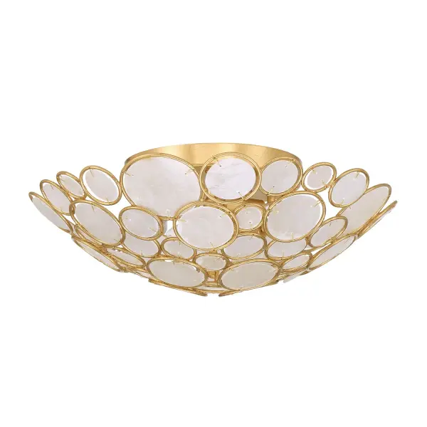 The Palla Semi Flush Mount combines natural elegance with versatile style through hand-pinned Capiz shells and an Antique Gold frame. Perfect for coastal, boho, or rustic interiors seeking organic texture with refined glamour. - alternate view
